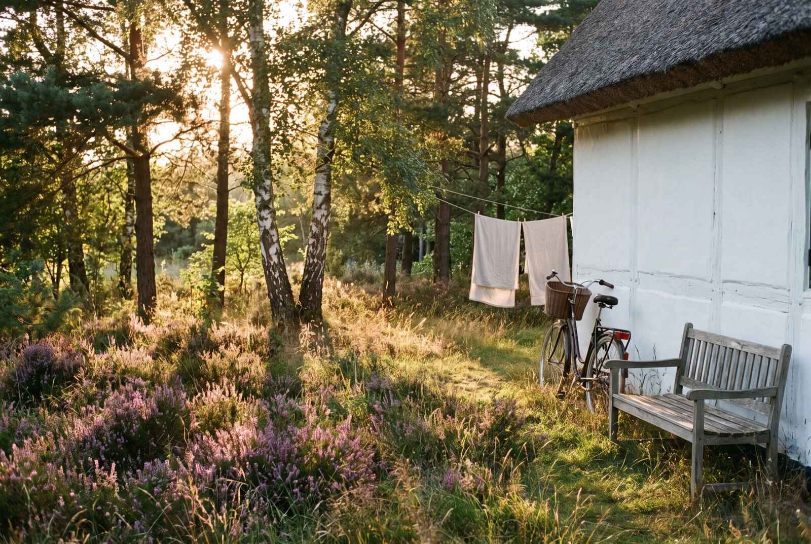 Have ved et stråtækt sommerhus med blomstrende lyng og birketræer i aftensol