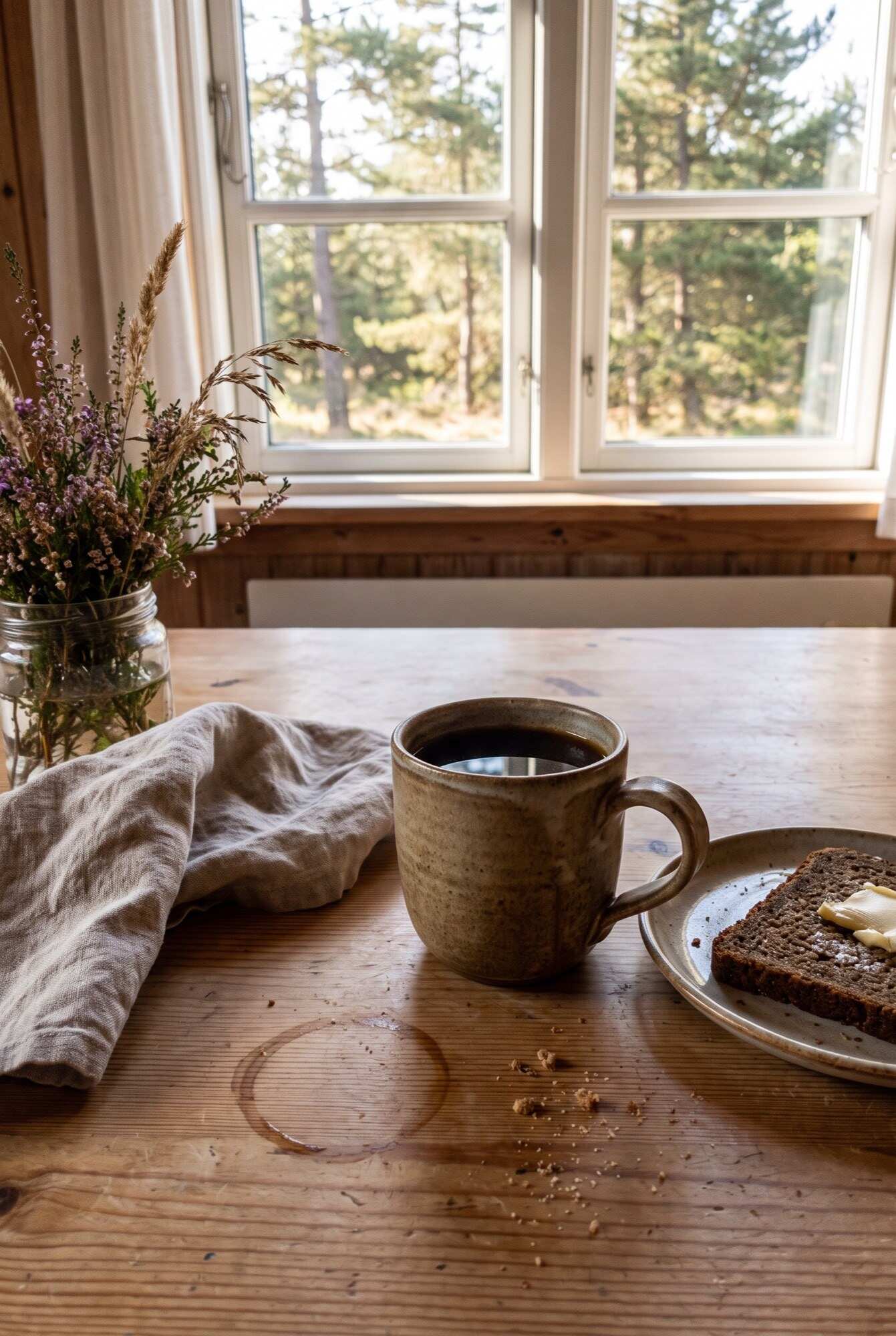 Morgenkaffe og rugbrød på et træbord ved et vindue