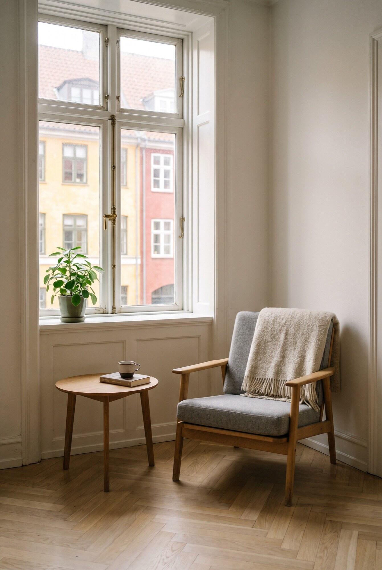 Lys stue i en klassisk københavnerlejlighed med højt vindue, lænestol og sildebensparket
