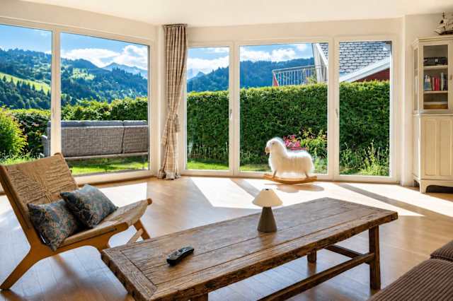 Relax in the bright and spacious living room, surrounded by floor-to-ceiling windows and beautiful mountain views in every direction.